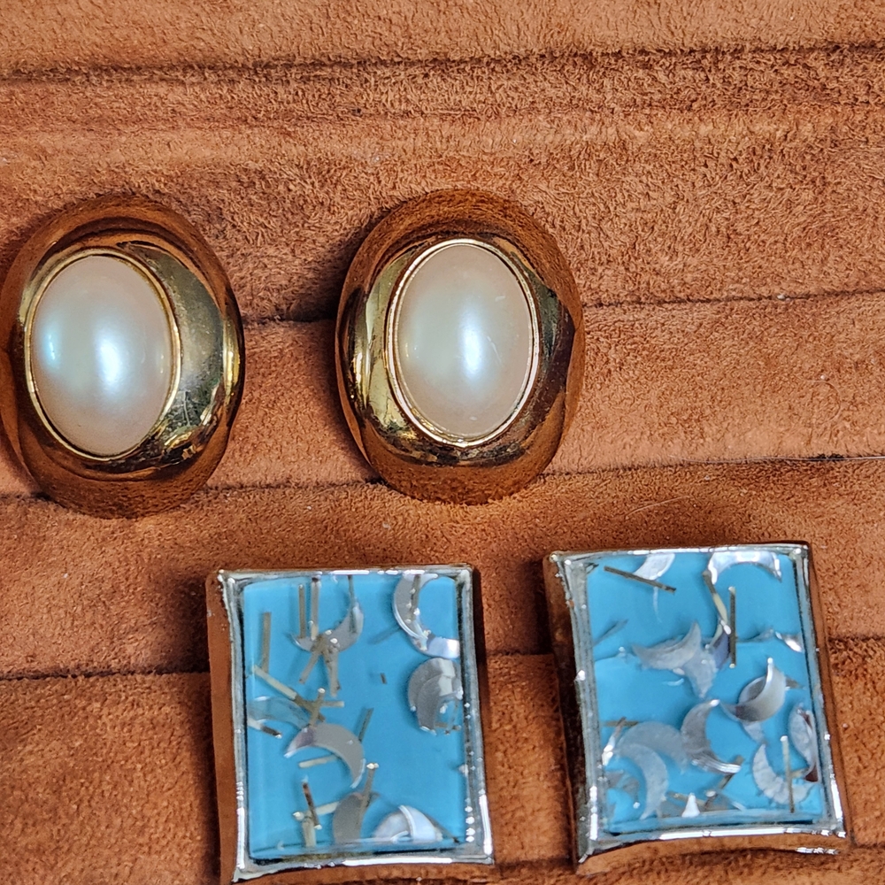 Vintage Monet Gold and Silver Clip-On Earrings Set Faux Pearl and Blue Confetti